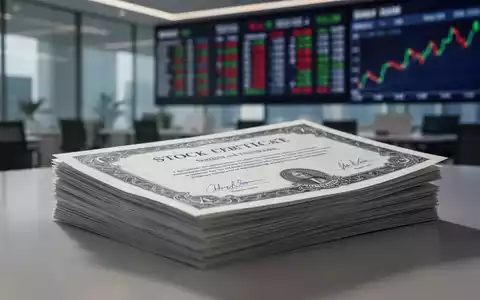 Ein Stapel neuer Aktienzertifikate mit einem verschwommenen digitalen Aktien-Ticker im Hintergrund, der Aufwärtstrends anzeigt. - Foto: über boerse-global.de