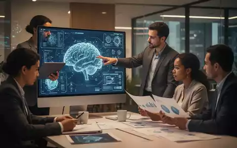 Ein Team von Fachleuten arbeitet in einem modernen Büro zusammen, während eine Person auf einen Bildschirm mit einer KI-Schnittstelle zeigt. - Foto: über boerse-global.de