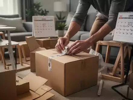Eine Person packt Umzugskartons in einer modernen Wohnung, umgeben von teilweise abgebauten Möbeln. - Foto: über boerse-global.de