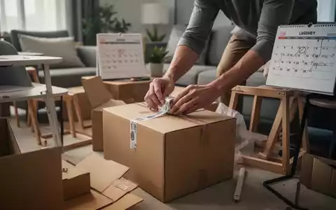 Eine Person packt Umzugskartons in einer modernen Wohnung, umgeben von teilweise abgebauten Möbeln. - Foto: über boerse-global.de