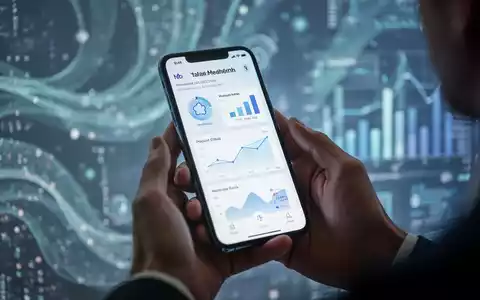 Hände halten ein Smartphone, das eine App für psychische Gesundheit anzeigt, mit verschwommenen digitalen Mustern im Hintergrund. - Foto: über boerse-global.de