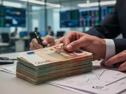 Nahaufnahme von Euro-Banknoten, die von einer Person gezählt und dokumentiert werden, im Hintergrund ein Büro, das neue Meldepflichten symbolisiert. - Foto: über boerse-global.de