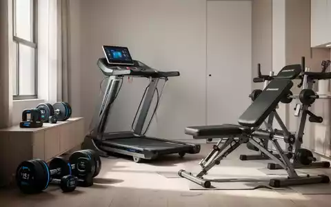 Ein modernes, minimalistisches Home-Gym mit platzsparenden Geräten wie verstellbaren Hanteln und einem klappbaren Laufband in einem Wohnraum. - Foto: über boerse-global.de