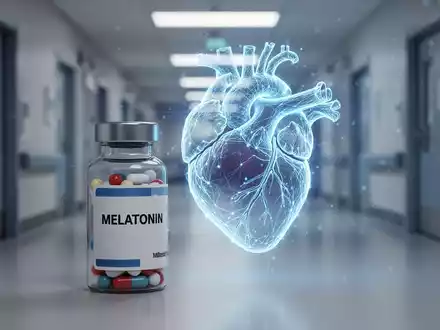 Eine Melatonin-Pillenflasche und ein stilisiertes blau leuchtendes Herz vor einem unscharfen Krankenhausflur, das Risiko symbolisiert. - Foto: über boerse-global.de