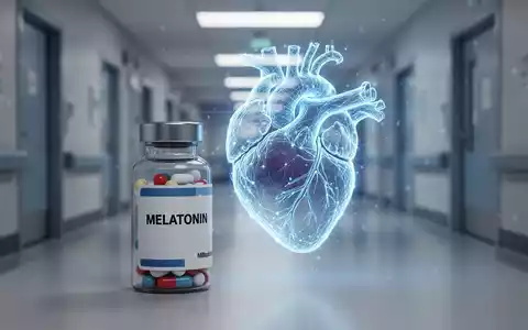 Eine Melatonin-Pillenflasche und ein stilisiertes blau leuchtendes Herz vor einem unscharfen Krankenhausflur, das Risiko symbolisiert. - Foto: über boerse-global.de