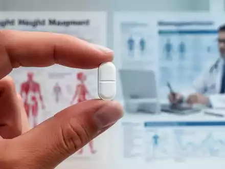 Eine einzelne weiße Pille wird zwischen zwei Fingern gehalten, im unscharfen Hintergrund sind medizinische Diagramme oder ein Arztzimmer zu sehen. - Foto: über boerse-global.de