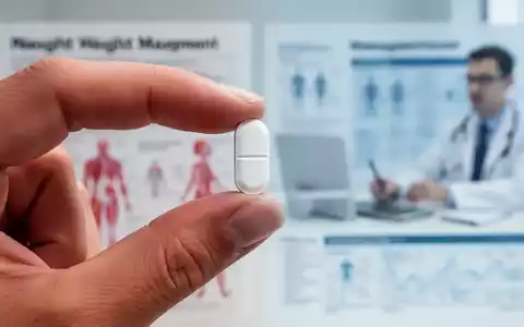 Eine einzelne weiße Pille wird zwischen zwei Fingern gehalten, im unscharfen Hintergrund sind medizinische Diagramme oder ein Arztzimmer zu sehen. - Foto: über boerse-global.de