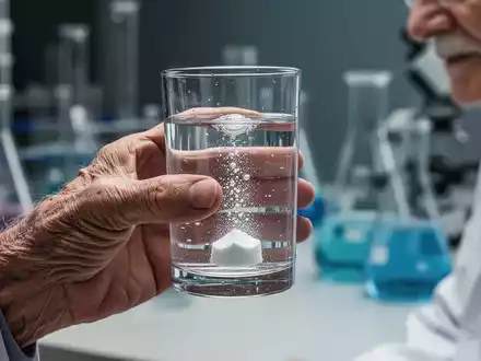 Ältere Hand hält ein Glas Wasser mit Kreatin-Supplement vor verschwommenem Hintergrund von Laborgeräten. - Foto: über boerse-global.de