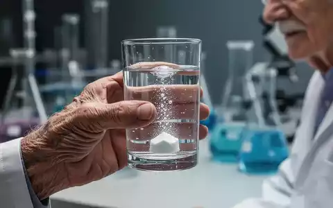 Ältere Hand hält ein Glas Wasser mit Kreatin-Supplement vor verschwommenem Hintergrund von Laborgeräten. - Foto: über boerse-global.de