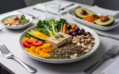 Eine kunstvoll angerichtete, pflanzenbasierte Mahlzeit mit bunten Gemüsesorten, Früchten, Nüssen, Samen und einer Proteinquelle. - Foto: über boerse-global.de