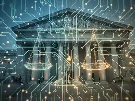 Abstrakte Darstellung eines leuchtenden neuronalen Netzwerks, verwoben mit der dezenten Silhouette von Waage oder Regierungsgebäude, Symbol für KI-Regulierung. - Foto: über boerse-global.de