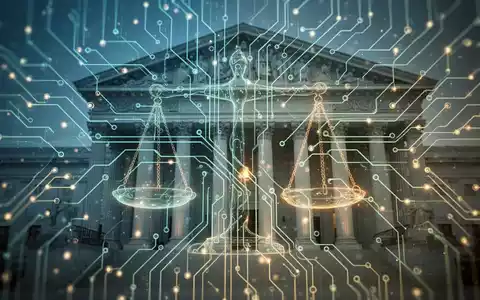 Abstrakte Darstellung eines leuchtenden neuronalen Netzwerks, verwoben mit der dezenten Silhouette von Waage oder Regierungsgebäude, Symbol für KI-Regulierung. - Foto: über boerse-global.de