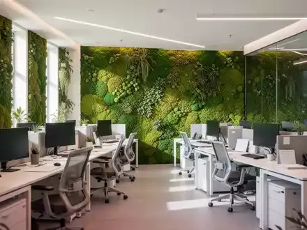Modernes Bürointerieur mit Mooswänden, natürlichem Licht und ergonomischen Arbeitsplätzen, symbolisiert Produktivität und Wohlbefinden. - Foto: über boerse-global.de
