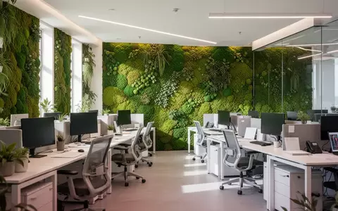 Modernes Bürointerieur mit Mooswänden, natürlichem Licht und ergonomischen Arbeitsplätzen, symbolisiert Produktivität und Wohlbefinden. - Foto: über boerse-global.de