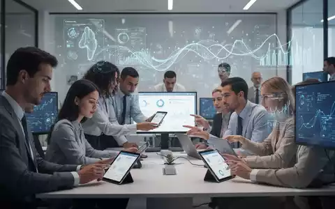 Mitarbeiter in einem modernen Büro interagieren mit digitalen Gesundheitsanwendungen auf Tablets und Monitoren, umgeben von Datenvisualisierungen. - Foto: über boerse-global.de