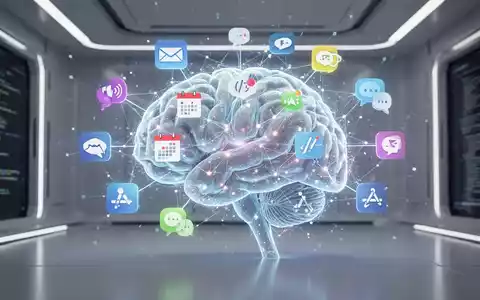 Leuchtendes, abstraktes digitales Gehirn oder Netzwerk, umgeben von Symbolen von Produktivitäts-Apps, symbolisiert KI-gesteuerte Aufgabenautomatisierung. - Foto: über boerse-global.de