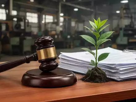 Ein Richterhammer liegt auf einem Holztisch neben juristischen Dokumenten und einer kleinen Pflanze, im Hintergrund eine Fabrik. - Foto: über boerse-global.de