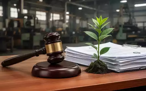Ein Richterhammer liegt auf einem Holztisch neben juristischen Dokumenten und einer kleinen Pflanze, im Hintergrund eine Fabrik. - Foto: über boerse-global.de