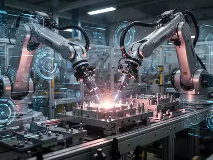 Roboterarme arbeiten an einer Produktionslinie, mit digitalen Anzeigen und Lichteffekten, die technologische Effizienz symbolisieren. - Foto: über boerse-global.de