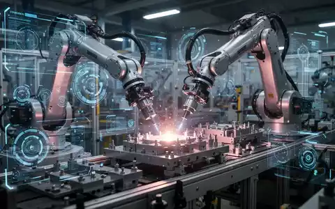 Roboterarme arbeiten an einer Produktionslinie, mit digitalen Anzeigen und Lichteffekten, die technologische Effizienz symbolisieren. - Foto: über boerse-global.de