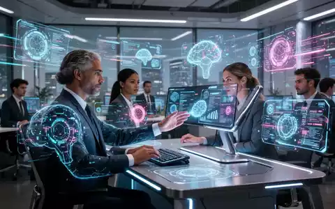 Ein futuristisches Büro mit einer Person, die mit holografischen KI-Schnittstellen interagiert, um Effizienz und Produktivität zu steigern. - Foto: über boerse-global.de