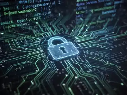 Leuchtende Leiterplatte mit Code-Reflexionen, offene KI und Datenschutz symbolisierend, mit dezentem Vorhängeschloss. - Foto: über boerse-global.de