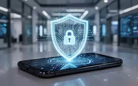Ein stilisiertes, leuchtendes Schildsymbol auf einem Smartphone-Bildschirm, das Datenströme und ein Schlosssymbol zeigt. - Foto: über boerse-global.de