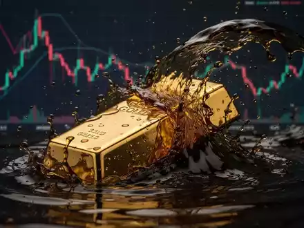 Ein Goldbarren, der von einer Welle aus dunklem Öl überspült wird, vor einem Hintergrund, der fallende Marktcharts andeutet. - Foto: über boerse-global.de