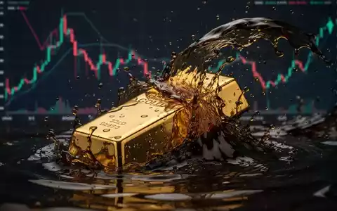 Ein Goldbarren, der von einer Welle aus dunklem Öl überspült wird, vor einem Hintergrund, der fallende Marktcharts andeutet. - Foto: über boerse-global.de