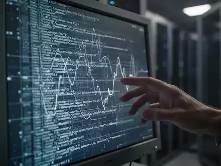 Ein verschwommener, alter Computermonitor zeigt abstrakte Datenmuster, während eine Hand danach greift, im Hintergrund ein Serverraum. - Foto: über boerse-global.de