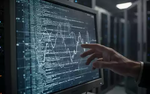 Ein verschwommener, alter Computermonitor zeigt abstrakte Datenmuster, während eine Hand danach greift, im Hintergrund ein Serverraum. - Foto: über boerse-global.de