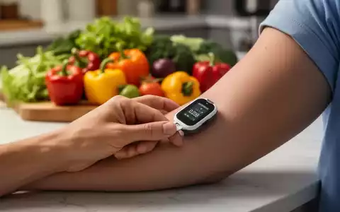 Eine Hand tippt auf ein GerĂ€t zur kontinuierlichen Glukosemessung am Arm, im Hintergrund verschwommen gesunde Lebensmittel. - Foto: ĂŒber boerse-global.de