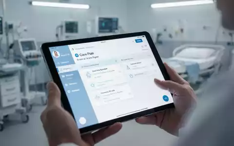 Eine Hand hält ein Tablet, das eine digitale Pflegeanwendung oder einen Behandlungsplan anzeigt, in einer modernen Pflegeumgebung. - Foto: über boerse-global.de
