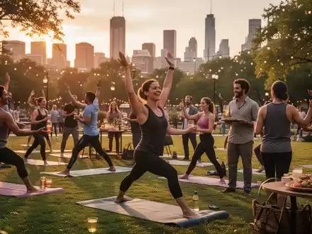 Menschen machen Yoga in einem Stadtpark bei Sonnenuntergang, im Hintergrund eine Skyline. Daneben eine Gruppe bei einem Afterwork-Event. - Foto: über boerse-global.de