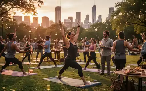 Menschen machen Yoga in einem Stadtpark bei Sonnenuntergang, im Hintergrund eine Skyline. Daneben eine Gruppe bei einem Afterwork-Event. - Foto: über boerse-global.de