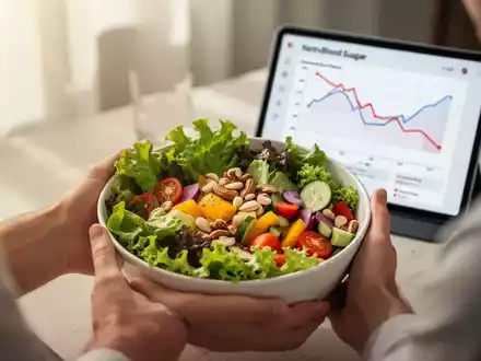 Hände halten eine gesunde Salatschüssel; im Hintergrund ein Tablet mit einem Diagramm, das sinkende Blutzuckerwerte zeigt. - Foto: über boerse-global.de