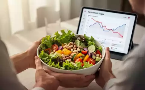 HĂ€nde halten eine gesunde SalatschĂŒssel; im Hintergrund ein Tablet mit einem Diagramm, das sinkende Blutzuckerwerte zeigt. - Foto: ĂŒber boerse-global.de