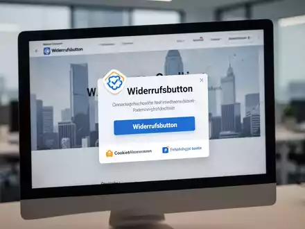 Ein Computerbildschirm zeigt eine Webseite mit einem deutlich sichtbaren Widerrufsbutton und einem Cookie-Einwilligungsbanner. - Foto: über boerse-global.de