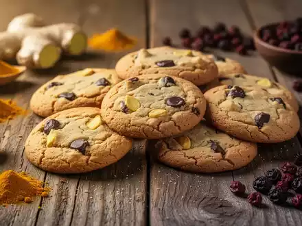 Nahaufnahme von appetitlichen Keksen auf einem Holztisch, verziert mit Zutaten wie Ingwer und Beeren, die natürliche Linderung symbolisieren. - Foto: über boerse-global.de