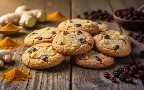 Nahaufnahme von appetitlichen Keksen auf einem Holztisch, verziert mit Zutaten wie Ingwer und Beeren, die natürliche Linderung symbolisieren. - Foto: über boerse-global.de