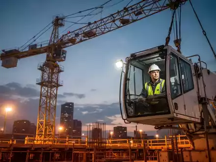 Ein Kranführer steuert einen großen Baukran auf einer Baustelle bei Sonnenuntergang, beleuchtet von Sicherheitslichtern. - Foto: über boerse-global.de