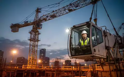 Ein Kranführer steuert einen großen Baukran auf einer Baustelle bei Sonnenuntergang, beleuchtet von Sicherheitslichtern. - Foto: über boerse-global.de