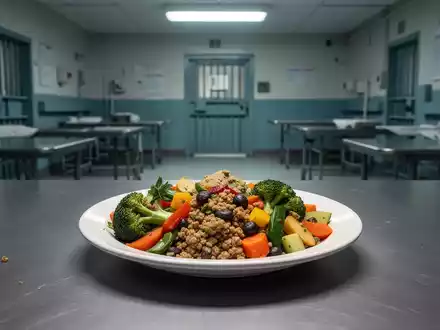 Eine vegane Mahlzeit, bestehend aus einer farbenfrohen Schüssel mit Gemüse und pflanzlichen Lebensmitteln, in einer institutionellen Umgebung. - Foto: über boerse-global.de