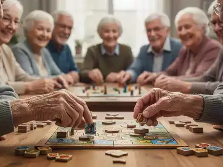 Ältere Hände spielen ein Brettspiel, im Hintergrund eine Gruppe Senioren bei einer Gemeinschaftsaktivität. - Foto: über boerse-global.de