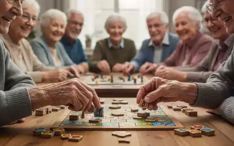 Ältere Hände spielen ein Brettspiel, im Hintergrund eine Gruppe Senioren bei einer Gemeinschaftsaktivität. - Foto: über boerse-global.de