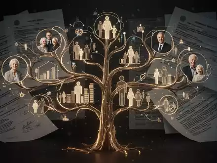 Eine stilisierte Darstellung eines Stammbaums mit leuchtenden Linien, die Familienmitglieder und Vermögenswerte verbinden, vor einem Hintergrund aus Finanzdokumenten. - Foto: über boerse-global.de