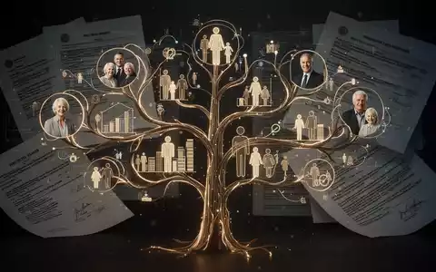 Eine stilisierte Darstellung eines Stammbaums mit leuchtenden Linien, die Familienmitglieder und Vermögenswerte verbinden, vor einem Hintergrund aus Finanzdokumenten. - Foto: über boerse-global.de