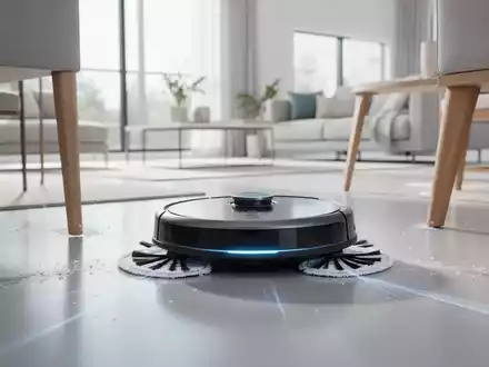 Ein moderner Saug- und Wischroboter reinigt ein minimalistisches Wohnzimmer. Der Roboter hat ausfahrbare Bürsten und Mopps. - Foto: über boerse-global.de