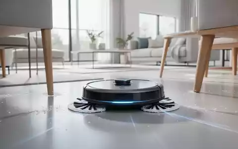 Ein moderner Saug- und Wischroboter reinigt ein minimalistisches Wohnzimmer. Der Roboter hat ausfahrbare Bürsten und Mopps. - Foto: über boerse-global.de