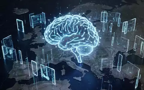 Leuchtend blaues KI-Gehirn-Symbol über Europakarte, symbolisiert KI-Technologie und regulatorische Herausforderungen. - Foto: über boerse-global.de